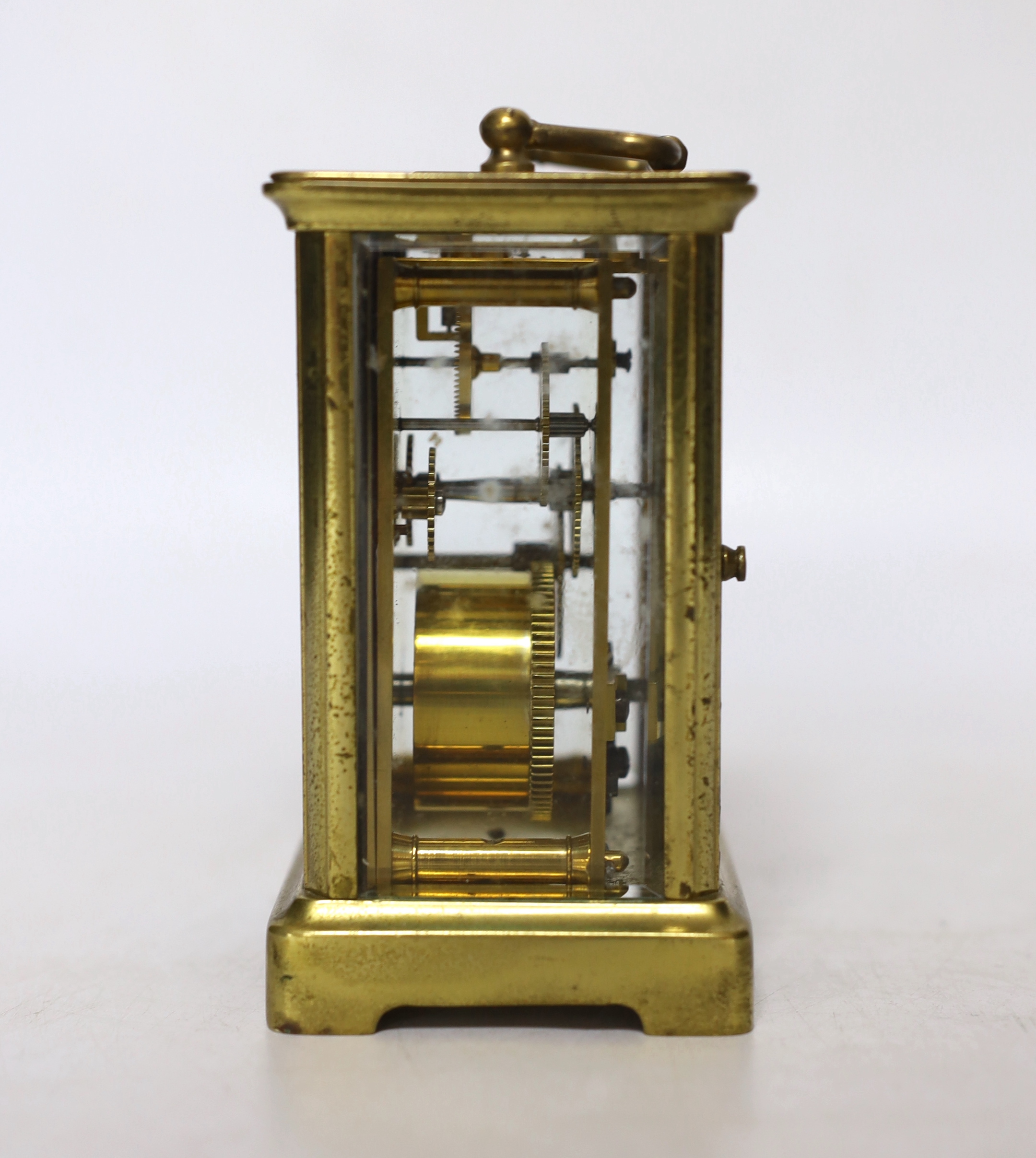 A late 19th century French eight day brass cased carriage timepiece, signed Tfink & Co. London, Made in Paris, 11cm